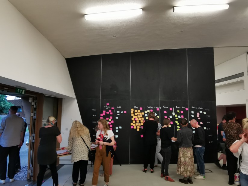 people talking and sticking post its on wall